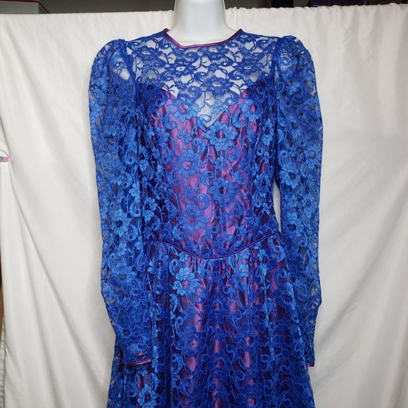 Vintage Formal Blue Lace Dress Purple Trim And Bows Union Made Prom 80s Retro - Picture 2 of 10